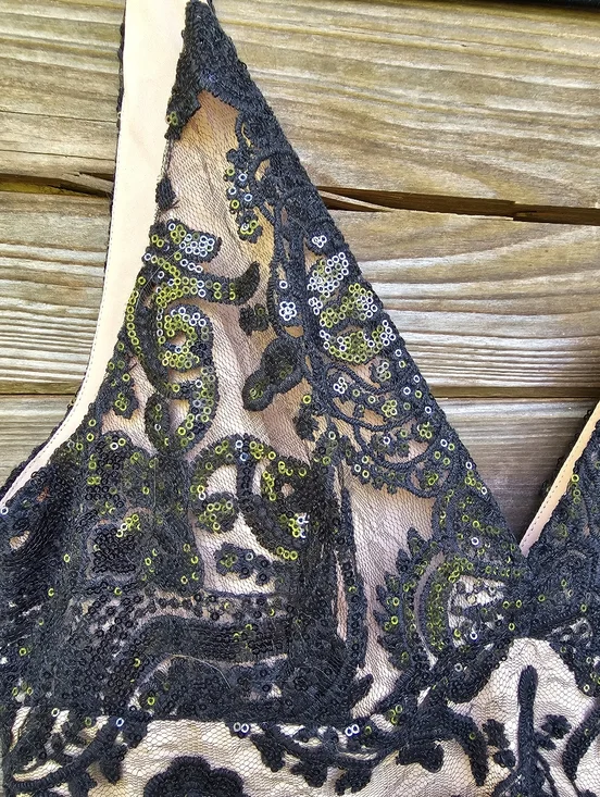 Free People Black Lace Sequin Slip Dress Size 12 Nude Sheer Party Mini - Picture 3 of 6